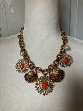 Gold-Tone Shell Coral Pearl Crystal Statement Necklace Ocean Coastal Theme